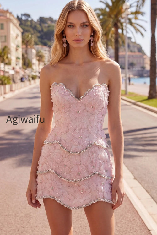 Sparkly Pink Floral Tight Short Strapless Homecoming Dress with Pearls
