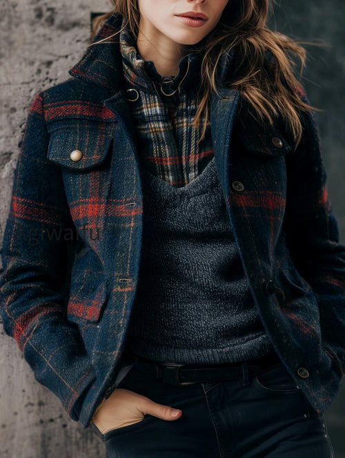 Stylish Navy Plaid Wool Jacket