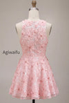 pink-floral-a-line-beaded-round-neck-short-homecoming-dress