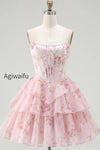 yellow-a-line-floral-corset-short-fringed-strapless-homecoming-dress-with-ruffles