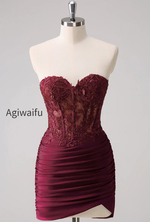 Burgundy Strapless Corset Pleated Tight Homecoming Dress with Appliques