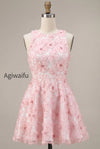 pink-floral-a-line-beaded-round-neck-short-homecoming-dress