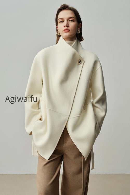 Asymmetrical Wool-Cashmere Belted Short Wrap Coat
