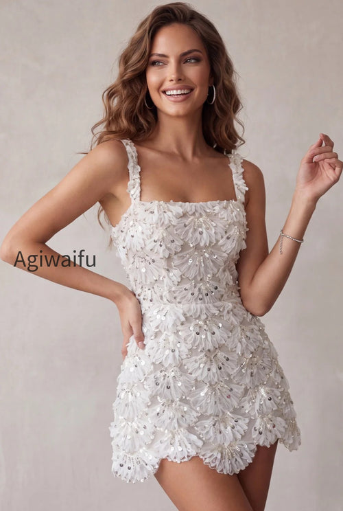 Ivory Sparkly Sequin Floral A Line Square Neck Short Homecoming Dress