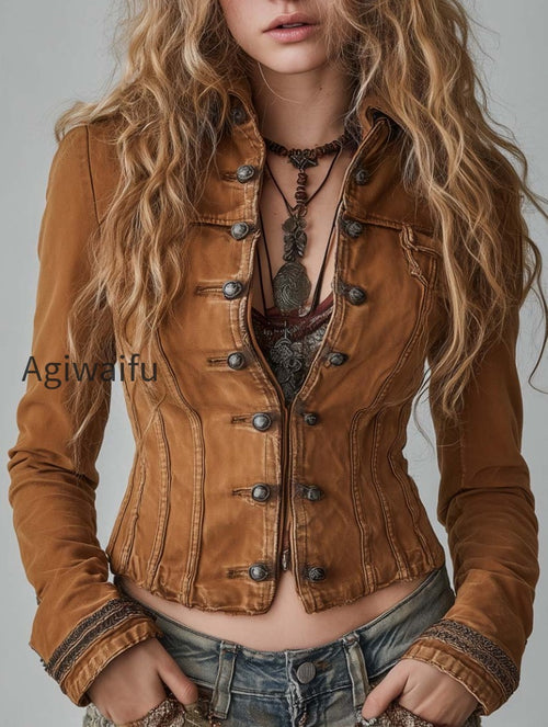 Bohemian Style Practical Washed Double-breasted Short Jacket