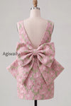 floral-pink-green-tight-boat-neck-short-homecoming-dress-with-bow