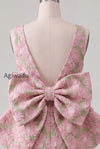 floral-pink-green-tight-boat-neck-short-homecoming-dress-with-bow