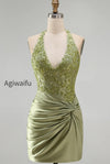 army-green-appliqued-ruched-halter-tight-short-corset-homecoming-dress